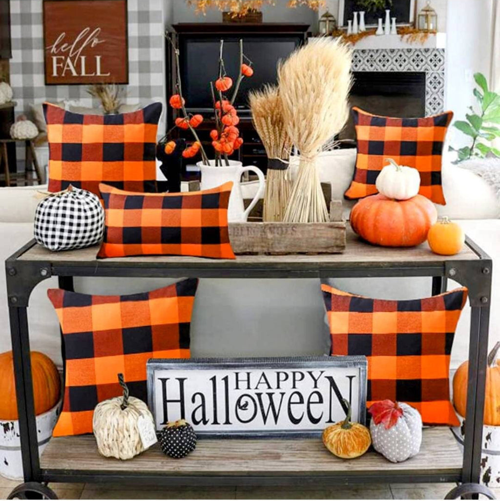 2pc Orange & Black Buffalo Check Pillow Covers, Farmhouse, Fall Decor, Plaid, Harvest, Buffalo Check, Autumn, Front Porch,