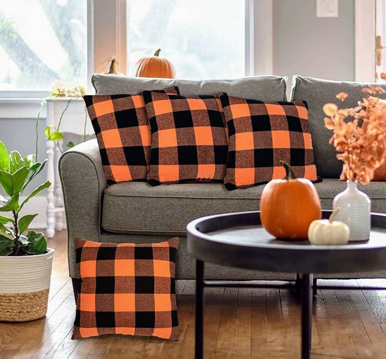 2pc Orange & Black Buffalo Check Pillow Covers, Farmhouse, Fall Decor, Plaid, Harvest, Buffalo Check, Autumn, Front Porch,