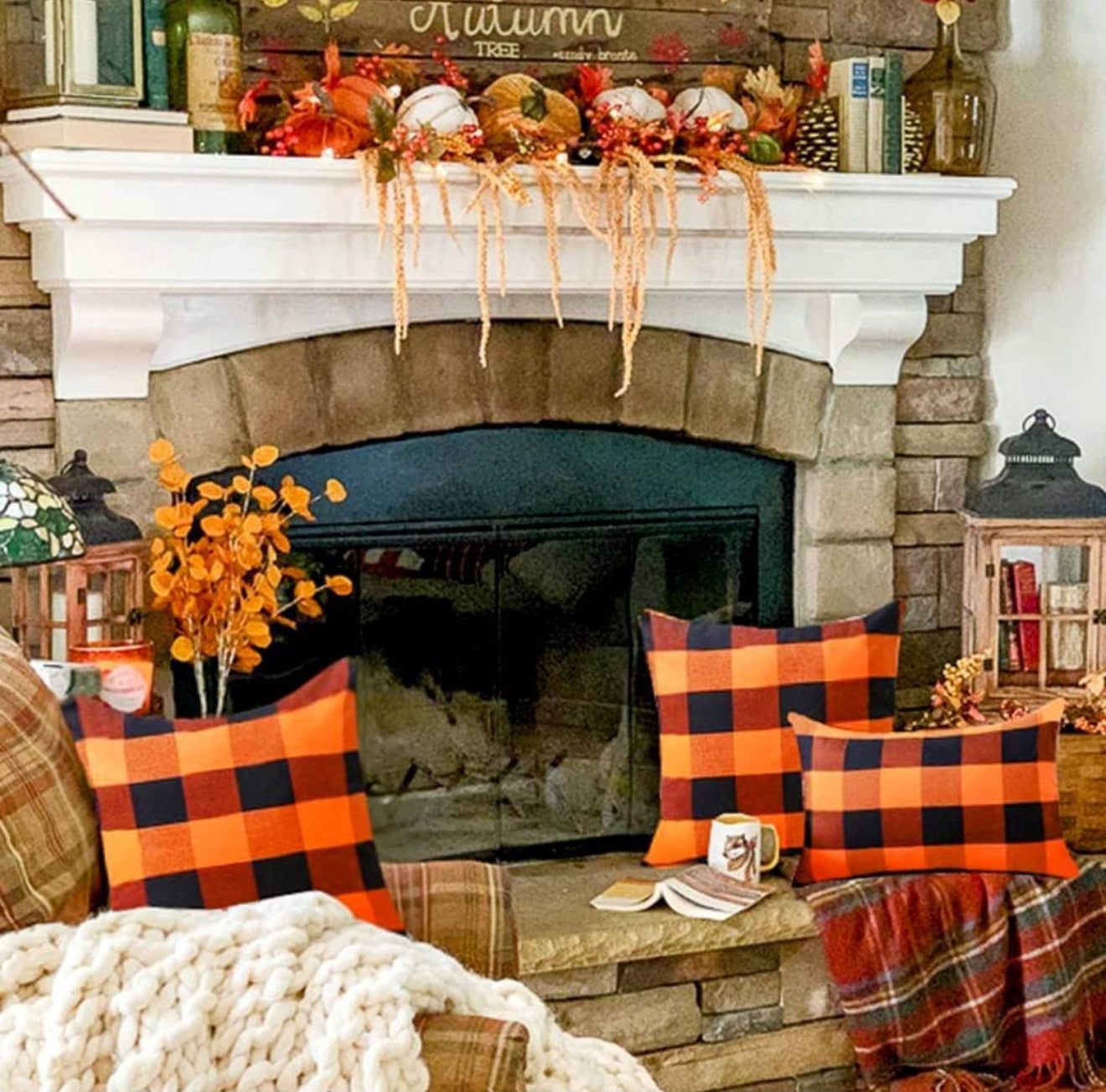 2pc Orange & Black Buffalo Check Pillow Covers, Farmhouse, Fall Decor, Plaid, Harvest, Buffalo Check, Autumn, Front Porch,