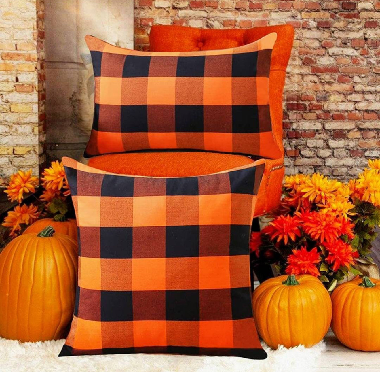 2pc Orange & Black Buffalo Check Pillow Covers, Farmhouse, Fall Decor, Plaid, Harvest, Buffalo Check, Autumn, Front Porch,
