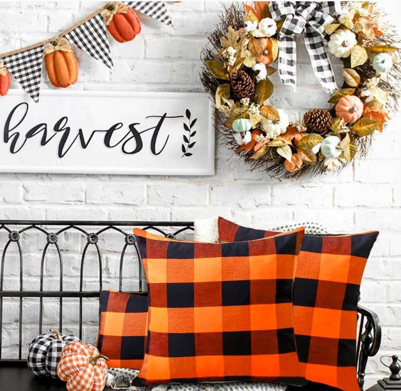 2pc Orange & Black Buffalo Check Pillow Covers, Farmhouse, Fall Decor, Plaid, Harvest, Buffalo Check, Autumn, Front Porch,